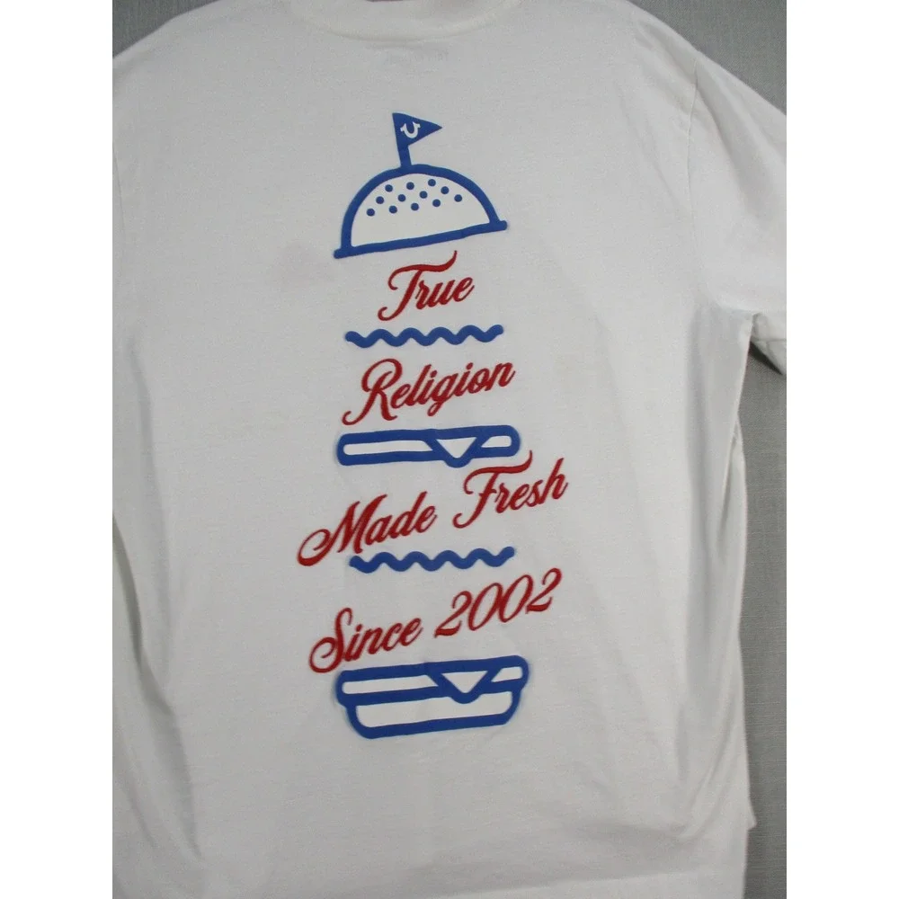 True Religion Mens White Graphic T-Shirt Made‎ Fresh Burger Ice Cream Large